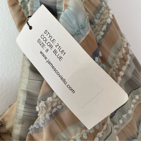 James Coviello NWTs Vintage Plaid Bow Front Pockets dress size 8 Tan Blue - Picture 11 of 13